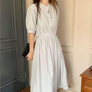 Elbow-sleeve Striped Midi A-line Dress Stripes - Gray & White - One Size