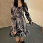 Bell-sleeve Tie-dyed Mini A-line Dress
