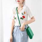 Short-sleeve Embroidered Flower Buttoned Knit Top