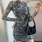 Long-sleeve Zebra Print Mock-neck Mini Sheath Dress