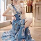 Set: Ruffle-sleeve Lace Top + Flower Print Chiffon Pinafore Dress