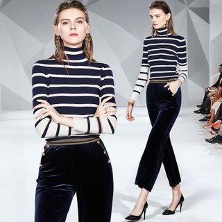 Set: Turtleneck Sweater + Velvet Straight Fit Pants
