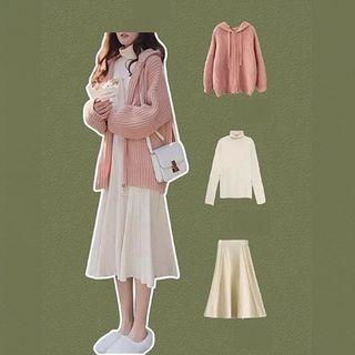 Turtleneck Long-sleeve T-shirt / Midi A-line Skirt / Hooded Zip Cardigan / Set