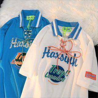 Short-sleeve Lace-up Lettering Embroidered Polo Shirt