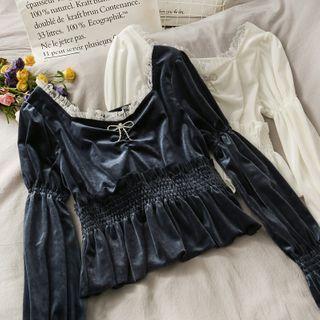 Boatneck Lace-trim Velvet Crop Top