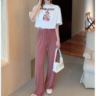 Short-sleeve Print Cropped T-shirt / Wide-leg Plain Pants