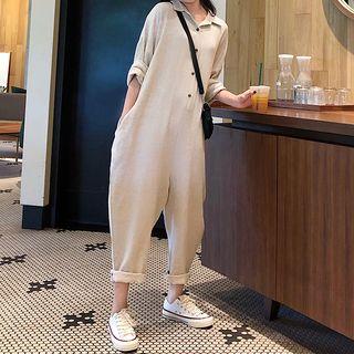 Plain Long-sleeve Buttoned Baggy Jumpsuit