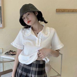 Polo-neck Ruffled Cropped Shirt White - One Size