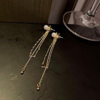Faux Pearl Fringed Earring 1 Pair - Silver Pin - Gold - One Size