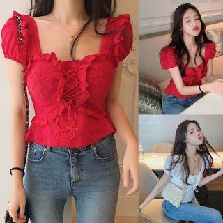 Eyelet Lace Short-sleeve Peplum Top