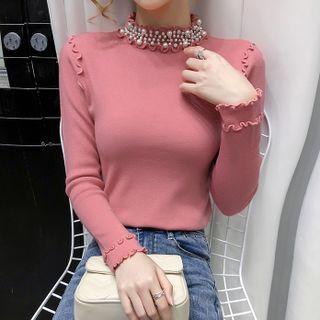 Long-sleeve Beaded Mock-turtleneck Ruffled-trim Knit Top