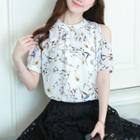 Printed Cutout Shoulder Short-sleeve Blouse