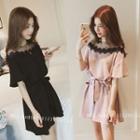 Mesh Yoke Short-sleeve Chiffon Dress With Sash