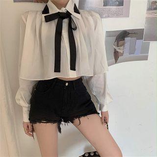 Long-sleeve Cropped Lace-up Blouse