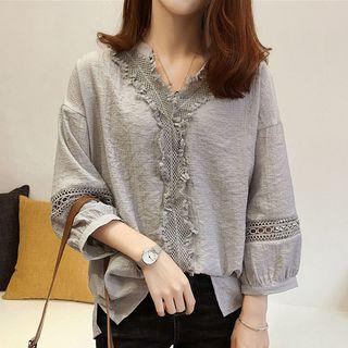 Perforated Trim 3/4 Sleeve Blouse