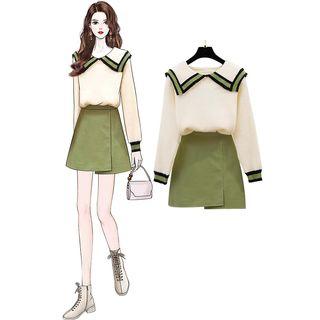 Striped Sweater / Faux-leather A-line Skirt / Set