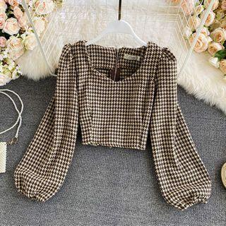 V-neck Houndstooth Woolen Puff Sleeve Blouse