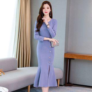 Long-sleeve Buttoned Midi Mermaid Dress