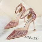 Pointed Flared Heel Ankle Strap Glitter Dorsay Pumps