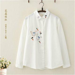 Long-sleeve Rabbit Embroidered Shirt White - One Size