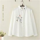 Long-sleeve Rabbit Embroidered Shirt White - One Size