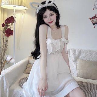 Wide Strap Bow Mini A-line Dress White - One Size