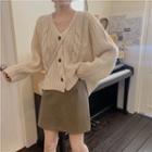 Long-sleeve Open Knit Cardigan / High-waist Faux Leather Skirt