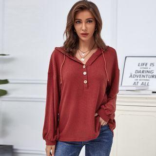 Long-sleeve Plain Polo Hooded Sweatshirt