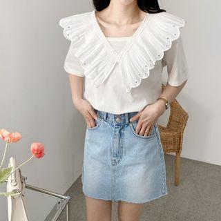 Wide-collar Lace-trim Top