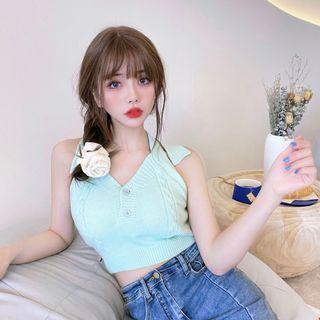 Halter-neck Knit Crop Tank Top Light Blue - One Size