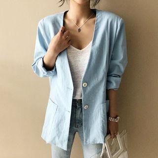 Collarless Linen Blend Blazer With Sash