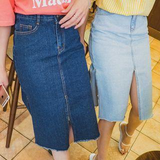 Slit-trim Denim Midi Skirt