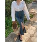 Long-sleeve Loose-fit Shirt / High-waist Lace-up Denim Midi Skirt