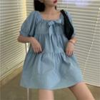 Plain Puff-sleeve Cropped Blouse / Bow Mini A-line Dress