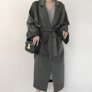 Hand-made Wool Blend Long Coat With Sash