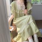 Short-sleeve Square-neck Ruffle Trim Midi A-line Dress Light Green - One Size