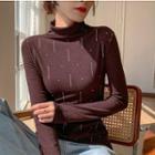 Long-sleeve Mock-neck Dotted T-shirt