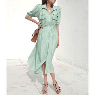Drawcord Zip-up Long Safari Dress