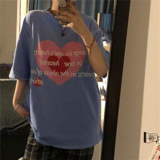 Short-sleeve Heart Print T-shirt Pink & Red Love Heart - Blue - One Size