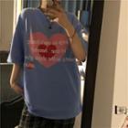 Short-sleeve Heart Print T-shirt Pink & Red Love Heart - Blue - One Size
