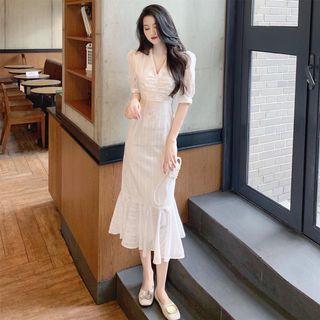V-neck Elbow-sleeve Ruffle Hem Midi Sheath Dress