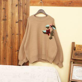 Floral Embroidery Sweater Khaki - One Size