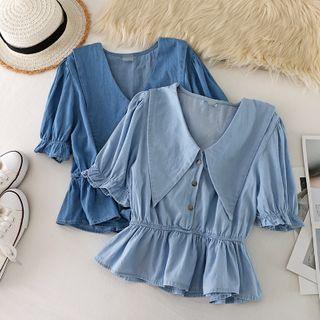 Doll Collar Puff-sleeved Denim Shirt