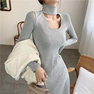 Plain Cutout Turtle-neck Long-sleeve Slim-fit Dress