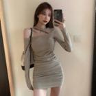 Long-sleeve One Shoulder Shirred Slim Fit Dress