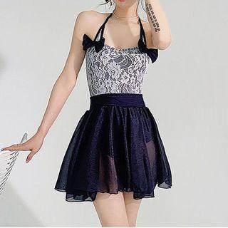 Set: Halter Lace Swimsuit + Swim Skirt