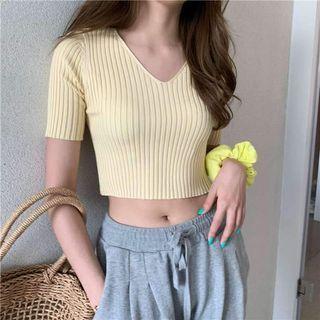 Short-sleeve Ribbed Knit Crop Top / Camisole Top Camisole Top - White - One Size