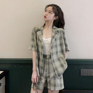 Set: Plaid Blazer + Plaid High-waist Pants Green - One Size