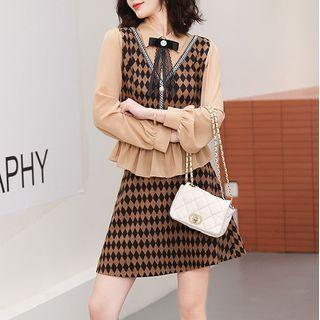 Set: Mock Two-piece Argyle Panel Blouse + Mini A-line Skirt