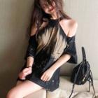 Print Elbow-sleeve Cold-shoulder T-shirt